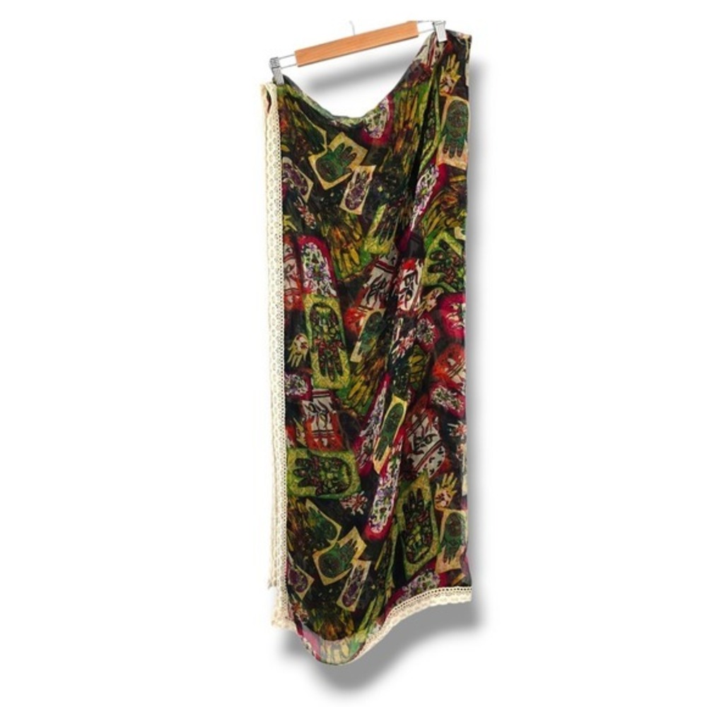 Boho Sheer‎ Scarf Colorful Hand Print Trim Lightweight Shawl Wrap Table Cloth